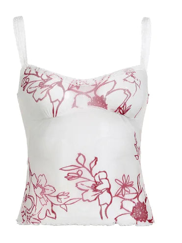 Women's Mesh Plant Print Low-cut Halter Tank Top
